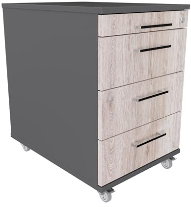 EIGENTLICH Rollcontainer 60 cm tief, 3 Schubladen und Materialauszug, Rollwagen B43xT60xH65 cm abschließbar, Schreibtischunterschrank versch. Farben (Korpus Anthrazit, Front Eiche modern)