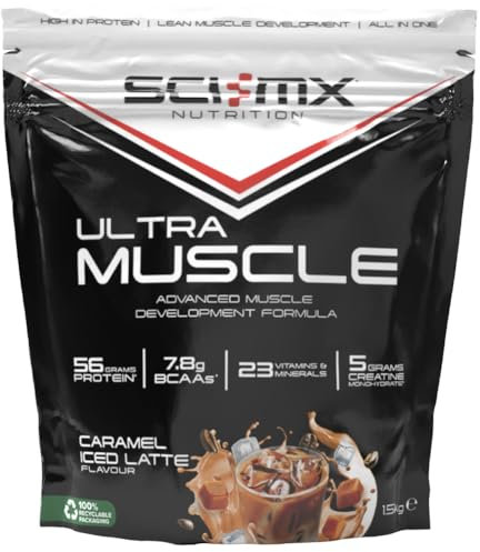 SCI-MX Ultra Muscle - Protein Powder for Muscle Development + 23 Vitamins & Minerals - Caramel Iced Latte • 56g Protein + 5g Creatine + 7.8g BCAAs per Serving • 1.5kg
