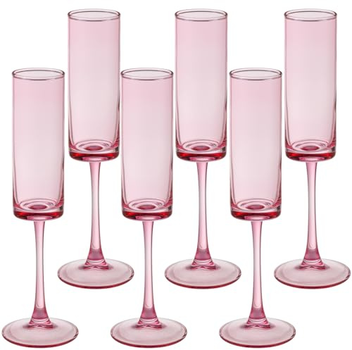 6 Stück rosa Champagnerflöten, 170 ml, gerade Seiten, Champagnergläser, langer Stiel, bunte Gläser, Set mit 6 mundgeblasenen Champagnergläsern, Kelchen für Hochzeit, Cocktailbecher, Cava, Prosecco