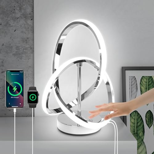 EIDISUNY Moderne LED-Tischlampe, 3 Farbtemperaturen, Touch Control, Dimmbare Nachttischlampe mit USB-Anschlüssen, Touch Control LED Nachttischlampe Schreibtischlampe für Wohnzimmer Schlafzimmer-Silber