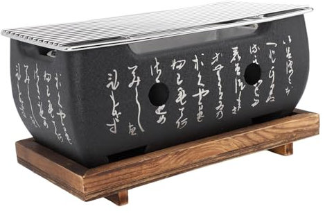 FLEXMAN Japanese Style Barbecue Grill, Portable Japanese Cuisine Charcoal Stove, Mini Rectangle Korean Bbq Grill with Wood Base Wire Plate for Family Gatherings Camping Picnics (M)