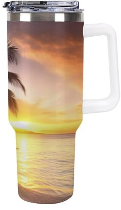 DWVSFJM Sunrise Tropical Palm Tree Island Insulated Tumbler 40 Oz Stainless Steel Double Wall Vacuum Travel Mug Large Capacity Car Cup Reusable Coffee Cup with Handle And Straw Lid Gifts White