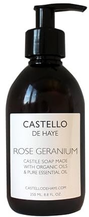 Castello de Haye Organic Rose Geranium Castile Soap, Aromatherapy Essential Oils, Multi-Use Vegan Body & Hand Wash, 250ml