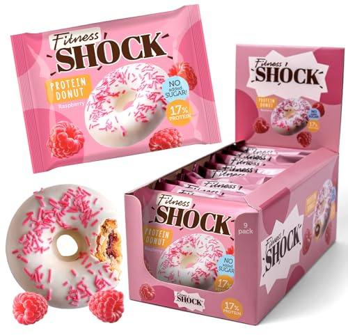 FitnesSHOCK Protein Donut Kekse-Biskuit mit Streuseln, 12g/17% Eiweiß ohne Zuckerzusatz ballaststoffreicher Snack mit Himbeerefüllung Palmölfrei - Himbeere Geschmack 9x70g