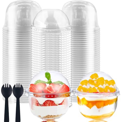 Oursouion 50Pcs Dessert Cups with Dome Lids 8oz/240ml Reusable Plastic Dessert Cups with Spoon Clear Cheesecake Pots Containers for Cupcake,Pudding,Snacks,Yogurt,Parfait,Fruits,Mousse Party,Birthday