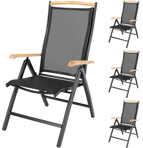ib style Gartenstuhl 4er Set Diplomat - Klappstuhl, Hochlehner, Aluminium, Teakholz Armlehnen, 7-Fach verstellbar, Rostfrei, Vormontiert, 150 kg belastbar, Schwarz