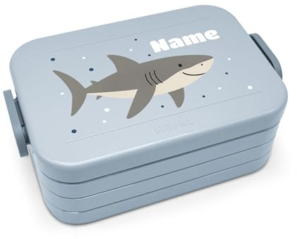 printplanet® Personalisierbare Brotdose „Layout Hai“ – Lunchbox/Bento Box von Mepal – mit eigenem Namen oder Wunschtext – Farbe Nordic Blue – BPA-frei – Geschenkidee