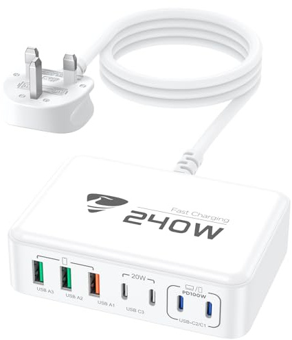 Aioneus USB C Charger, 240W Charging Station, 7-Port Charging Station GaN Fast USB Plug UK PD 100W Laptop Desktop Charger Support Compatible with iPhone 17/16/15, MacBook Pro/Air, Galaxy Series