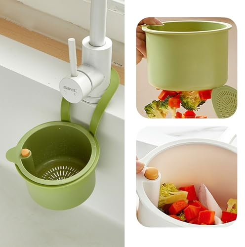 Sink Strainer Basket, Faucet Hanging Filter Basket, Self-Cleaning Push-Type Automatic Dump Kitchen Sink Food Waste Collector, Kitchen Hanging Sink Drain Basket, with Detachable Base (Green)