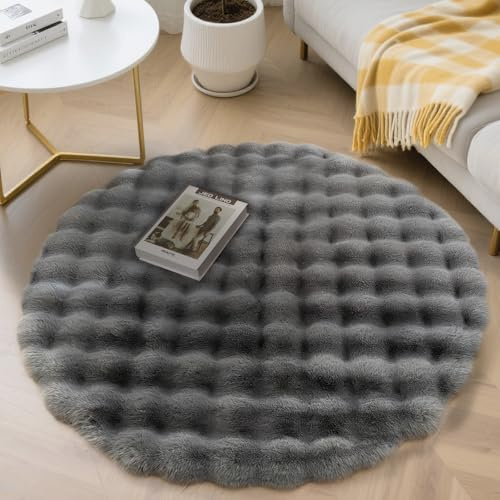 Votoko Teppich Wohnzimmer Rund, Teppich Rund Kunstfell Langflor 90x90cm, Waschbar und rutschfest, Komfortabel und Hochdichte Flauschige Teppiche für Wohnzimmer, Schlafzimmer und Bettvorleger