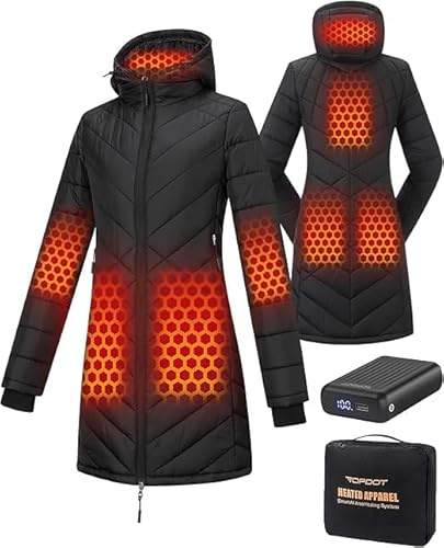 Topdot Heated Jacket Womens With Power Bank 12V 18400 mAh, Long, 8 Heater | Thermal Puffer Coat with 3 Heat Levels, Smart Temp Control, Winter Essential for Body Warmer, Outdoor & Indoor, Black M