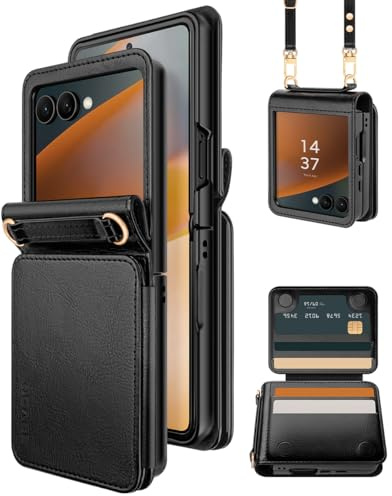 OCASE Upgraded for Samsung Galaxy Z Flip 7 Case, PU Leather Magnetic Wallet with Wrist Strap Lanyard, RFID Blocking Card Holders, Shockproof Phone Cover for 6.9 Inch Flip 7, Black
