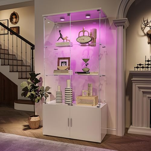 HFASD Glasvitrine Standvitrine Mit LED Beleuchtung, Vitrine Weiß, 4 Lagen Vitrine Glas Und Unterschrank Aus Holz, Moderne Vitrinenschrank Für Wohnzimmer Schlafzimmer Büro, 78.5x35x164cm