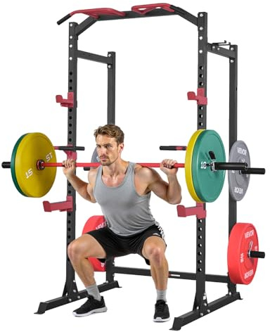 VEVOR Power Cage Power Rack, Multifunctional Barbell Squat Rack with Adjustable Height, Home Gym Strength Training Workout Equipment with J-Hooks & More Fitness Attachment for Bench Press Pull-Up Dips