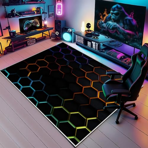 YGcegcia Hexagon Bunt Neon Gaming Teppich 60x90 cm Waschbar rutschfest | Teppich Teppiche Kurzflor Schmutzfangmatte Fußmatte Science Fiction Geometrisch Hexagon für Eingangsmatte Innen Outdoor