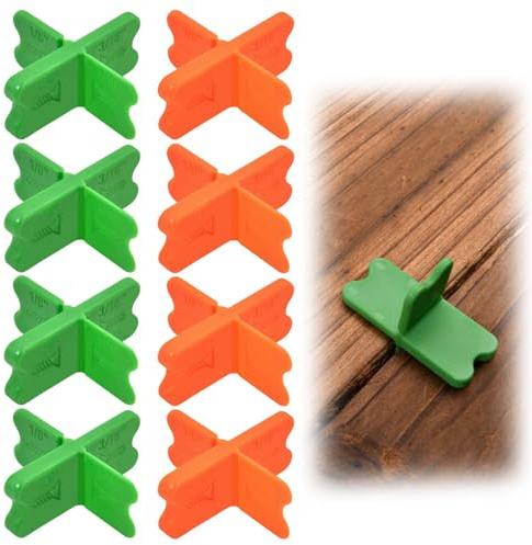 LEONTOOL Kit de 8 Entretoises pour Lames de Terrasse, 4 Épaisseurs (1/16, 1/8, 3/16, 1/4), Gabarit et Serre-Joint pour Terrasse en Bois Traité et Composite, pour Espaces Uniformes (Vert & Orange)