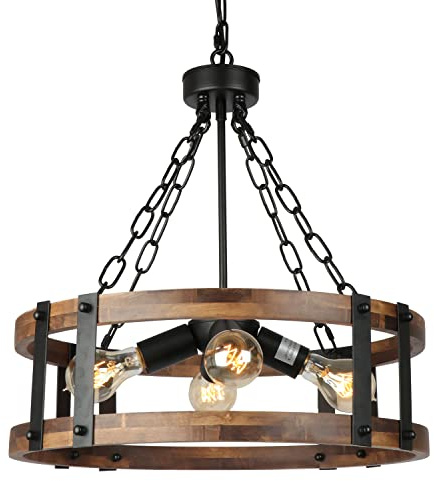 Yvsevnr Kronleuchter Holz Vintage Deckenlampe Bauernhaus Pendelleuchte | Pendelleuchte Esstisch E27 4 Lichter Trommel-Pendelleuchte Metall Hängelampe Esstisch Für Esszimmer Wohnzimmer Foyer Flur