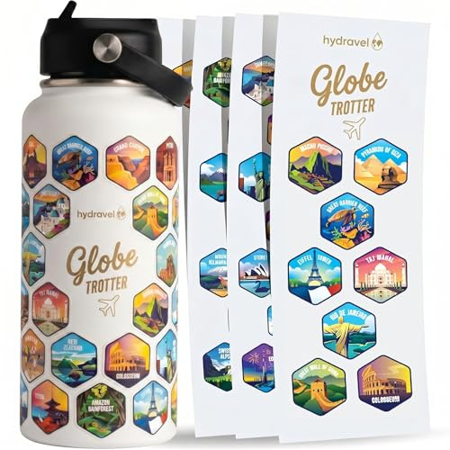 HYDRAVEL - Borraccia Termica GLOBE TROTTER con 50 Adesivi dei Posti più BELLI del Mondo - Ottima Idea Regalo per Viaggiatori - 1 LT, Acciaio Inox, bevande Calde per 12h/Fredde 24h (Bianco)