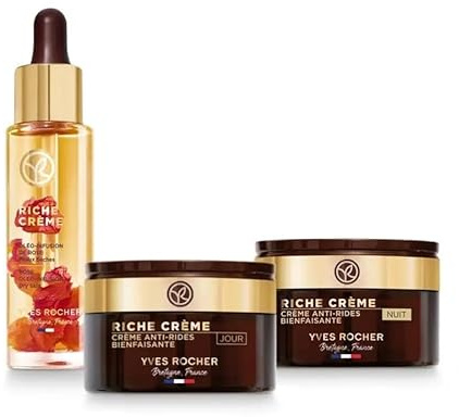 Yves Rocher RICHE CRÈME Anti-Aging Set – Gesichtsöl 30ml + Tagescreme 50ml + Nachtcreme 50ml – Mit 1000 Rosen Öl & 30 Kostbaren Ölen – Regenerierende Gesichtspflege