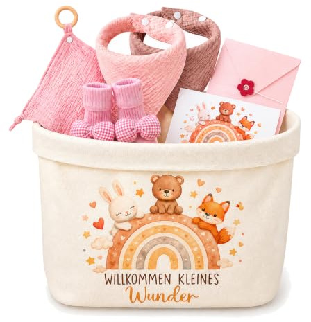 Baby Geschenk 7-teilig Ideal als Neugeborenen Geschenkset für Jungen Mädel | Mit Windeltasche Baumwolltuch Lätzchen Socken Grußkarten Geschenk zur Geburt Babyparty Babyset für Mädchen (Rosa)