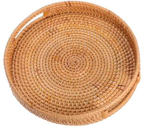 KHBUAB Bandeja Redonda de Ratán Tejido de 35 Cm con Asas Huecas, Cesta Grande para Servir Comida y Frutas, Bandeja Decorativa Natural para Uso Interior y Exterior