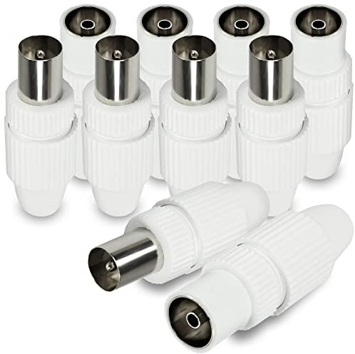 Com-four® Set HQ: Adattatore Maschio e Femmina Coassiale, Connettore per Cavo Antenna TV di Alta Qualità - Spina Bianca (5X Spina + 5X Presa)