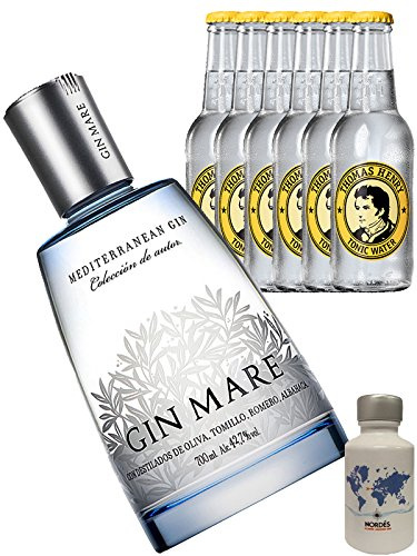 Gin-Set Gin Mare aus Spanien 0,7 Liter + Nordes 5 cl Miniatur + 6 Thomas Henry Tonic Water 0,2 Liter
