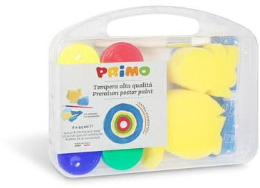 Schulmalfarbe in Töpfchen, 6 Farben. Mehrzweckkoffer, 2 Schwämmen, 3 Schwammpinsel, 1 Jumbo Pinsel, 1 Kunststoffunterlage.