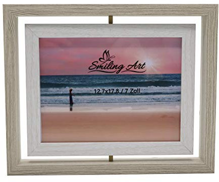 Smiling Art Cadre photo pivotant, cadre double pour 2 photos en bois MDF avec verre en format paysage et portrait à poser (Verre, Blanc, 13 x 18 cm)