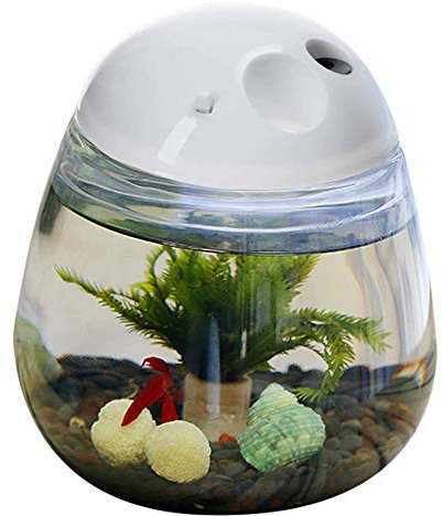 Saim Plastic Fish Tank with Lid, Desktop Clear Round Small Fish Bowl and LED Lighting for Betta Fish Home Office Decoration (with Charger Pattern)