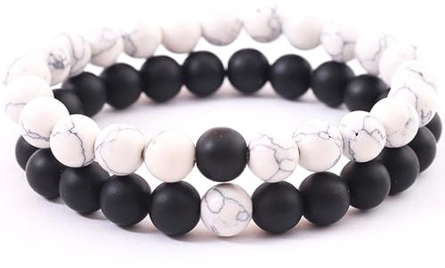 MINGZE Armband aus Natursteinen, 2 Stück – Distanz Paar Armband mit Crown King & Queen schwarz matt Achat & White Howlith, 8 mm Perlenarmband, One Size, Stein