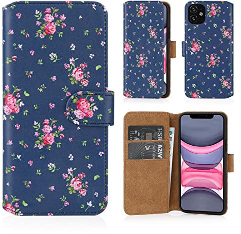 32nd Floral Series 2.0 - Design PU Leather Book Wallet Case Cover for Apple iPhone 11 (6.1), Designer Flower Pattern Wallet Style Flip Case With Card Slots - Vintage Rose Indigo