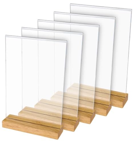 HMF 46944 Présentoir de table en acrylique avec pied en bois | Porte-affiche DIN A4 format portrait | Présentoir de buffet apéritif transparent | 5 pièces