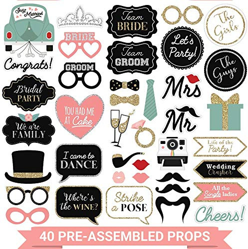 Fully Assembled Wedding Photo Booth Props - Set of 40 - Gold, Pink, Teal, & Silver Selfie Signs - Wedding Party Supplies & Decorations - Cute Designs with Real Glitter - Did We Mention No DIY