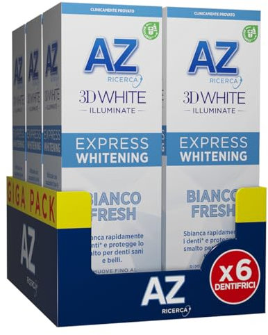 AZ Ricerca DENTIFRICIO 3D White Illuminate Express BIANCO FRESH, SBIANCA Rapidamente, RIMUOVE Fino al 100% delle MACCHIE Superficiali, Confezione da 6 Dentrifrici (6x50ml), Gusto MENTA FRESCA