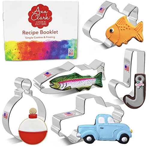 Ann Clark Cookie Cutters 5-teiliges Ausstechformen-Set Gone Fishing mit Rezeptbuch Vintage Truck Fisch Süß Goldfisch Haken Bobber