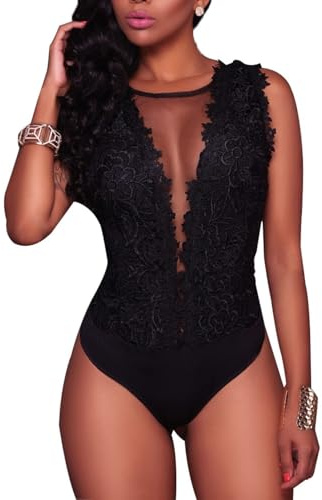 Loalirando Sexy Women Ladies Sleeveless Bodysuit Lace Deep V-Neck Leotard Top Jumpsuit Outfit Clubwear