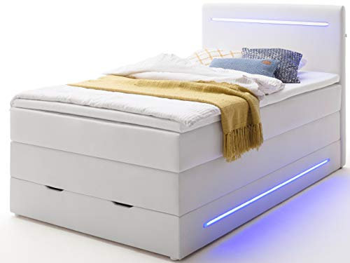 wonello Boxspringbett 140x200 mit Bettkasten und LED Beleuchtung - gemütliches Bett mit led Beleuchtung - Stauraumbett 140 x 200 cm weiß mit Matratze und Topper