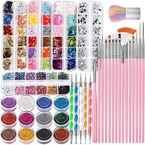 FANDAMEI Nail Art Dekorationen & Nagelpinsel Set, Nail Art Pinsel, Dotted Pen, 12 Farben Glitzer für Nägel, Schmetterling & Herzenform Nagel Pailletten, Strasssteine Nägel, Blattgold für Nagelkunst
