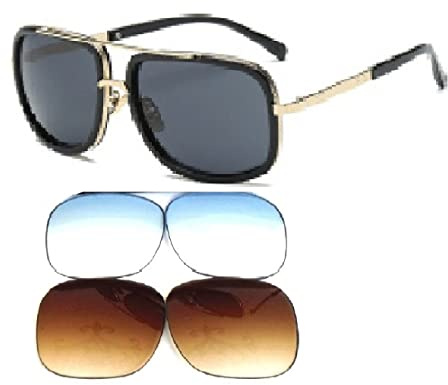 GALAXYLENSE Tony Stark Retro Mode Übergröße Quadratisch Herren Damen Vintage Sonnenbrille 100% Uvab W/2 Extra Ersatz Gläser mit Farbverlauf - 140x147 MM
