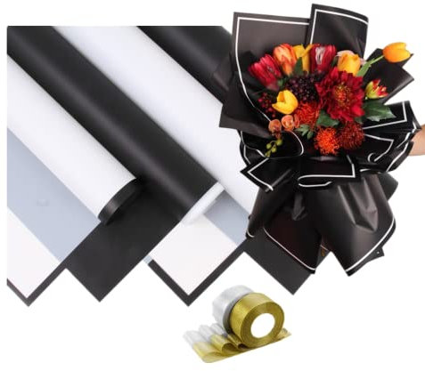 20 Stück 4 Stile wasserdicht Geschenkverpackung Papier,Floristenstrauß Papier frische Blumen Geschenkpapier mit Rand 58cm mit 48 Meter 1.2cm Stoffbänder für Geburtstag,Urlaub,Hochzeit,schwarz weiß