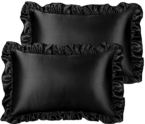 PiccoCasa Kissenbezug Satin Pillowcase 2er Set Kopfkissenbezüge mit rüschen kuschelig Hotelverschluss als Dekokissenbezug für Wohnzimmer Schlafzimmer Sofa Deko Schwarz 51x76cm