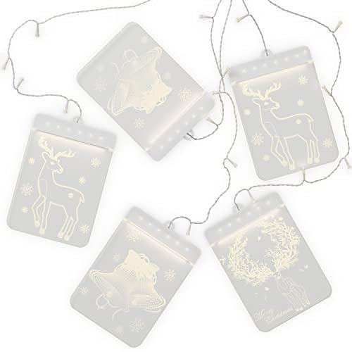AmeliaHome LED Fensterdekoration Acrylanhänger Lichterkette 5er Set USB Lichterkettenvorhang Weihnachtsdeko rechteckig Reindeers Mess