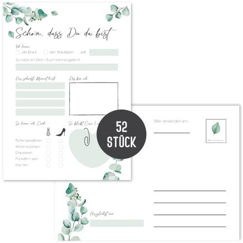 Things of Happiness 52 Postkarten-Spiel Hochzeit | Hochzeitsspiel für Gäste | Alternative Gästebuch für Hochzeit | 52 Wochen Spiel (Grün Eucalyptus)