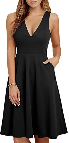 HOMEYEE Damen Elegant V-Ausschnitt Ärmelloses Einfaches Sommer Party Freizeitkleid mit Taschen A293 (L, Schwarz)