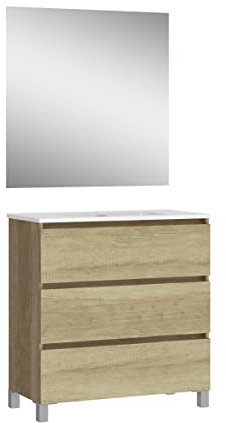 Baikal, Conjunto de baño Natura. Mueble de Baño de Fondo Reducido, con Lavabo cerámico. Distribución Tres Cajones. Mueble MONTADO. Tres Cajones con Espejo. Fondo 39cm 70 cm Nature