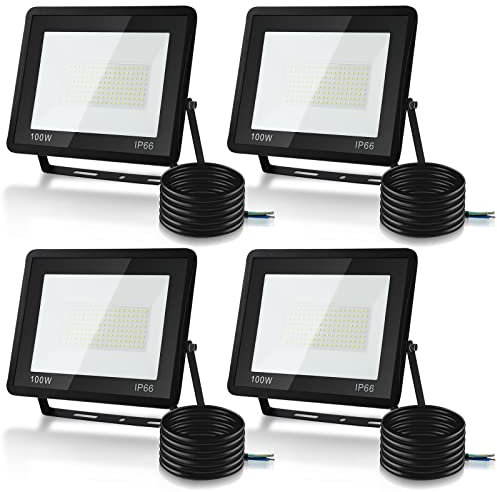 Joparri 4er 100W LED Strahler Außen, LED Fluter 6000K Kaltweiß 8500LM LED Scheiwerfer IP66 Wasserdicht LED Flutlicht Außenstrahler Außenleuchte für Werkstatt Garage Garten