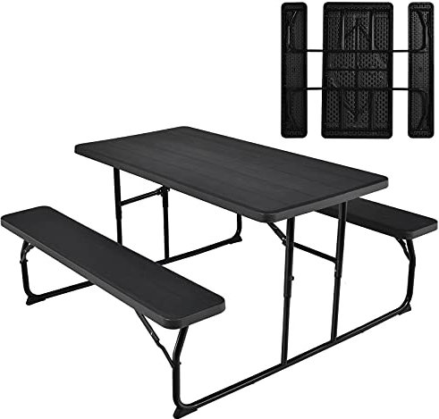 COSTWAY Klappbarer Picknicktisch mit Bänken, 136 cm Campingtisch-Set für draußen, Bierzeltgarnitur Biertischgarnitur für Terrasse, Garten (Schwarz)