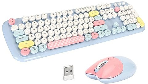 Cute Cat Wireless Keyboard and Mouse Combo - Kawaii Colorful Full Size Typewriter Design for Girls and Kids, Desktop Compatible