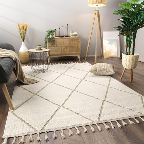 Tappeto Salotto Moderno Soggiorno Pelo Corto Motivo Boho Motivo Scandinavo Con Frange, Dimensione:80x150 cm, Colore:Beige 2